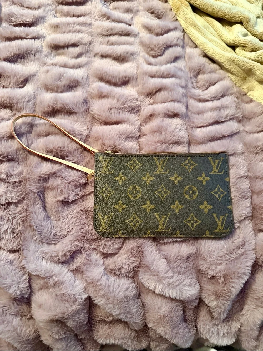 Louis Vuitton Brown Monogram Wristlet with Tan Strap